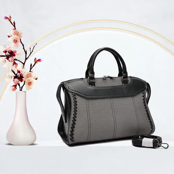 Grey_Textured_Satchel_Handbag_With_Braided_Detail_For_Women