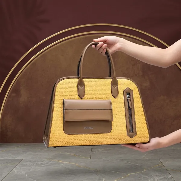 Yellow_Textured_Structured_Handbag_With_Brown_Trim_For_Women