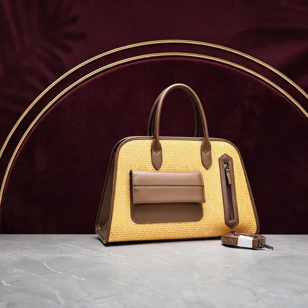 Yellow_Textured_Structured_Handbag_With_Brown_Trim_For_Women