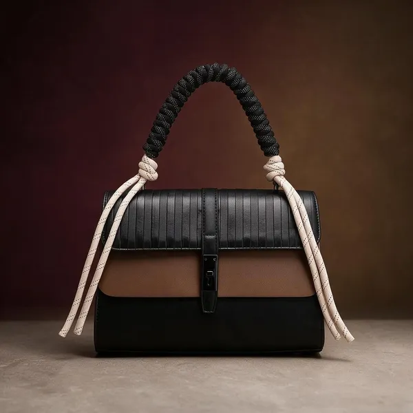 Black_Brown_Colorblock_Structured_Handbag_with_Braided_Handle