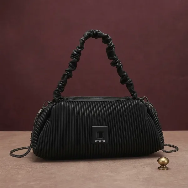 Black_Pleated_Clutch_Bag_with_Ruched_Handle_and_Chain_Strap