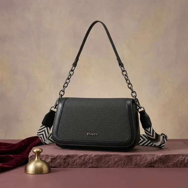 Black_Textured_Flap_Shoulder_Bag_with_Chain_and_Chevron_Strap