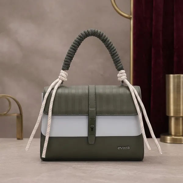 Olive_Green_and_White_Color_Block_Handbag_with_Braided_Handle