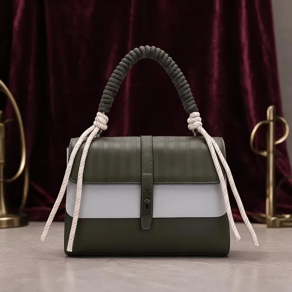 Olive_Green_and_White_Color_Block_Handbag_with_Braided_Handle