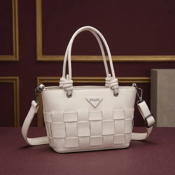 Beige_Woven_Pattern_Structured_Handbag_with_Detachable_Strap