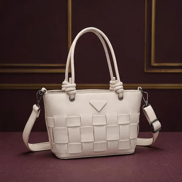 Beige_Woven_Pattern_Structured_Handbag_with_Detachable_Strap