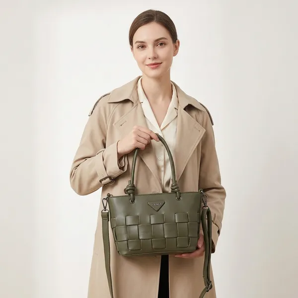 Olive_Green_Woven_Panel_Structured_Handbag_with_Detachable_Strap