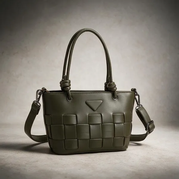 Olive_Green_Woven_Panel_Structured_Handbag_with_Detachable_Strap