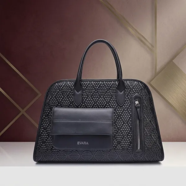 Black_Textured_Leather_Dome_Handbag_with_Front_Pocket