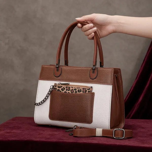 White_Tan_Textured_Leather_Handbag_with_Leopard_Print_Pouch