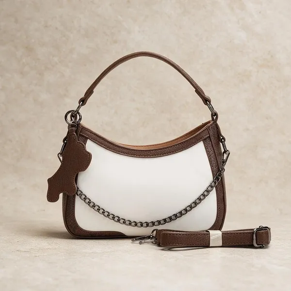 White_Brown_Colourblock_Chain_Detail_Hobo_Bag_for_Women