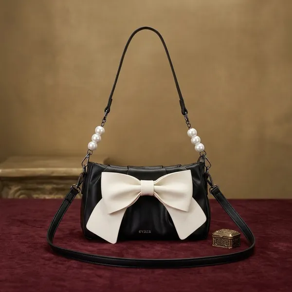 Black_Faux_Leather_Pearl_Handle_Bow_Shoulder_Bag_for_Women