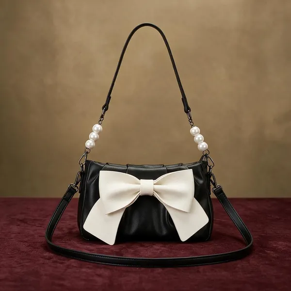 Black_Faux_Leather_Pearl_Handle_Bow_Shoulder_Bag_for_Women