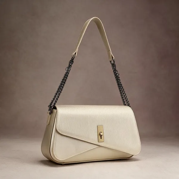 Cream_Textured_Faux_Leather_Chain_Strap_Shoulder_Bag_for_Women