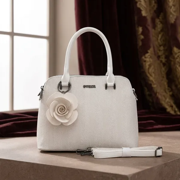 White_Textured_Satchel_Handbag_with_Floral_Charm_for_Women