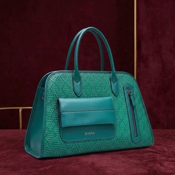 Green_Textured_Woven_Dome_Satchel_Bag_with_Front_Pocket