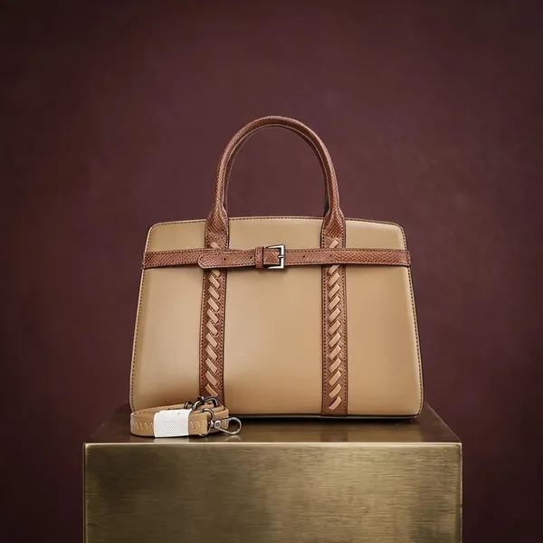 Beige_Leather_Structured_Handbag_With_Woven_Detail_For_Women