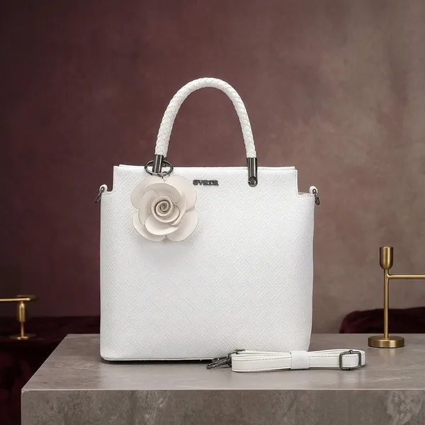 White_Structured_Handbag_With_Detachable_Strap_And_Floral_Accent