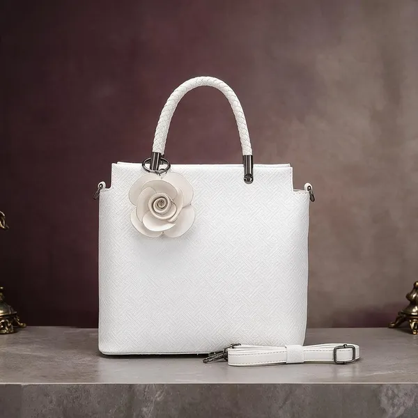 White_Structured_Handbag_With_Detachable_Strap_And_Floral_Accent