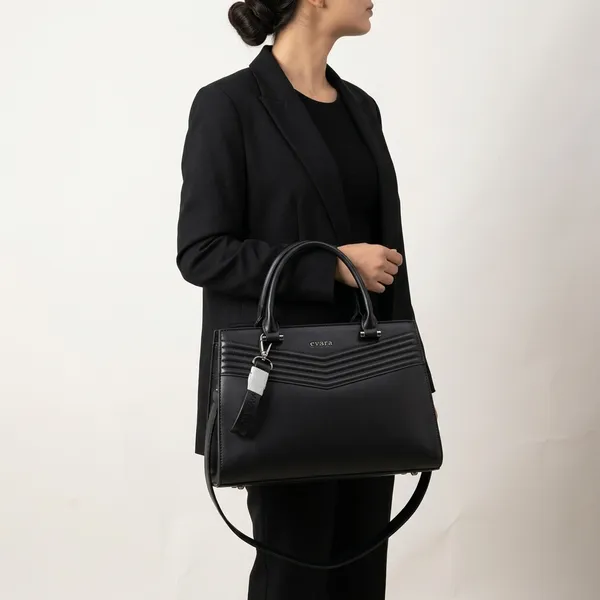 Black_Vegan_Leather_Chevron_Stitched_Structured_Handbag_for_Women