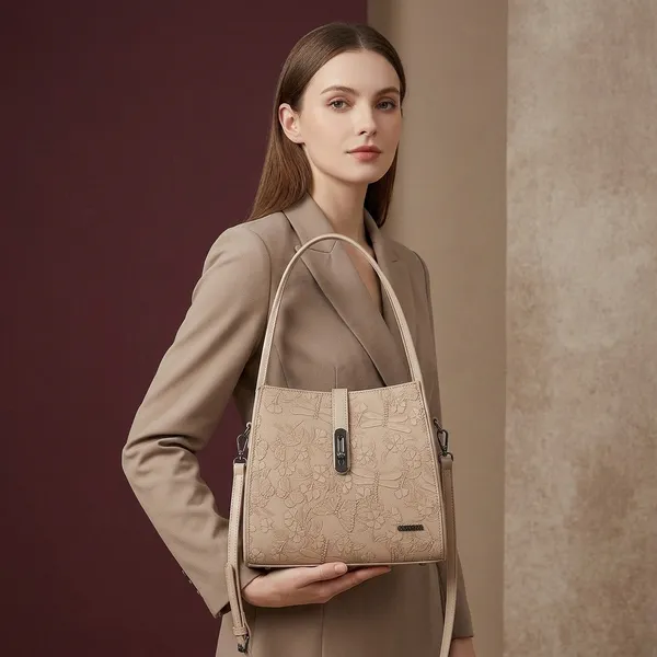 Beige_Embossed_Floral_Pattern_Shoulder_Bag_With_Detachable_Strap