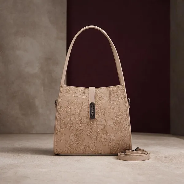 Beige_Embossed_Floral_Pattern_Shoulder_Bag_With_Detachable_Strap