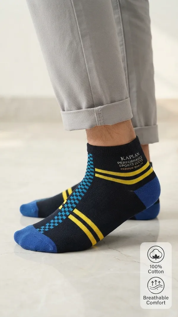 Kaplan_Performance_Sports_Short_Ankle_Socks_-_Black_with_Blue_&_Yellow_Accents,_100%_Cotton_*five_piece_combo*