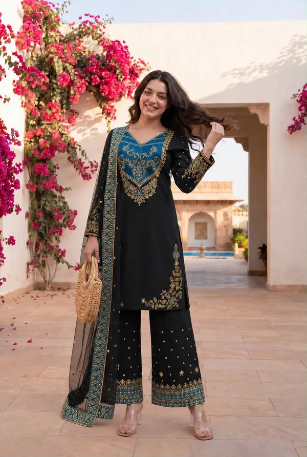 Launching_New_Fancy_Design_Pakistani_Collection_Top_-_Palazzo_And_Dupatta_Set_Fully_Stitched_Ready_To_Wear