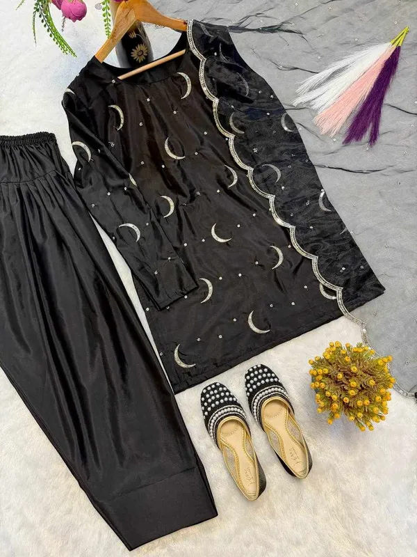 MC_2032_New_Designer_Party_Wear_Silk_Black_Color_Kurta,_Farshi_Salwar_&_Dupatta_Set