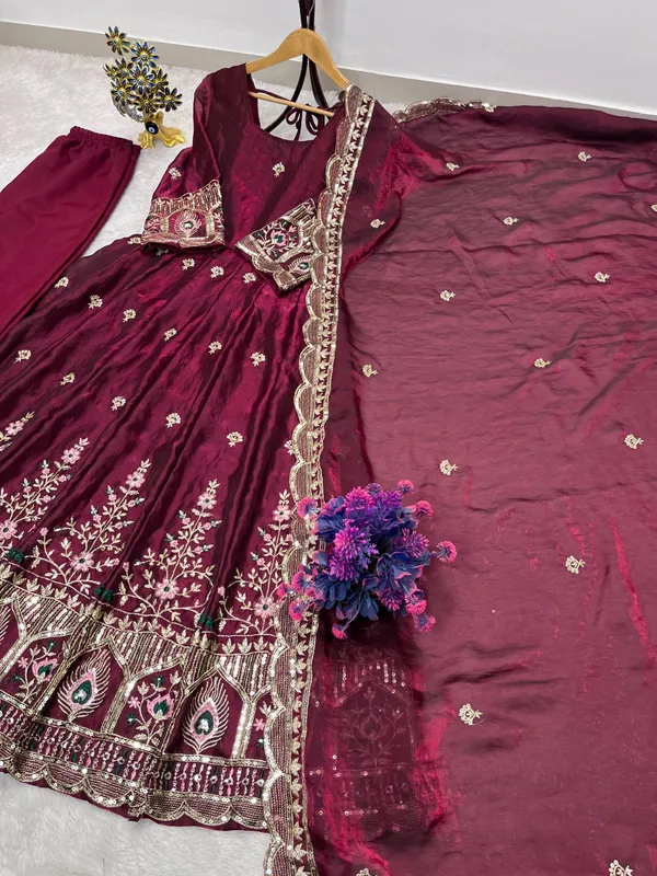 RAS-120_DESIGNER_GOWN_EMBROIDERY_SEQUENCE_WORK_ON_SILK_FABRIC_GOWN_PANT_AND_DUPATTA_SET