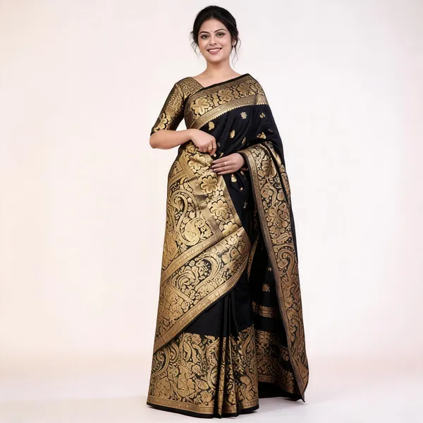 KP_6041_BLACK_SOFT_LICHI_SILK_SAREE