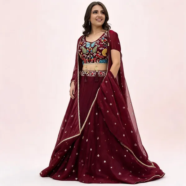 PC_501_Marron_Heavy_Embroidery_Thread_&_Sequence_Work_Lehenga