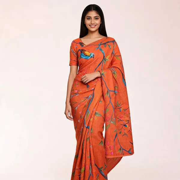 S4S_Linen_Orange_Bird_Digital_Print_Cotton_Saree