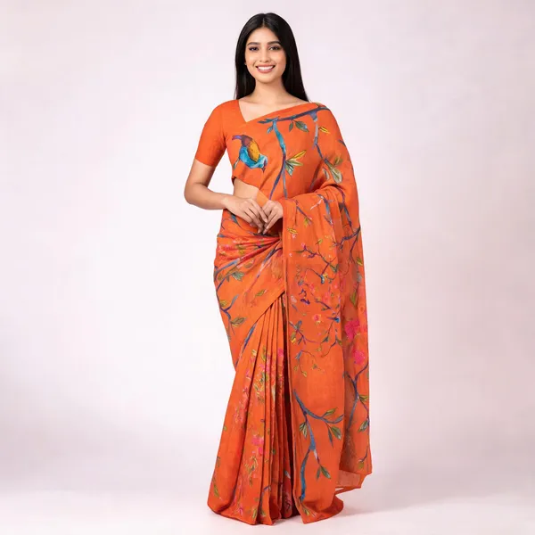 S4S_Linen_Orange_Bird_Digital_Print_Cotton_Saree