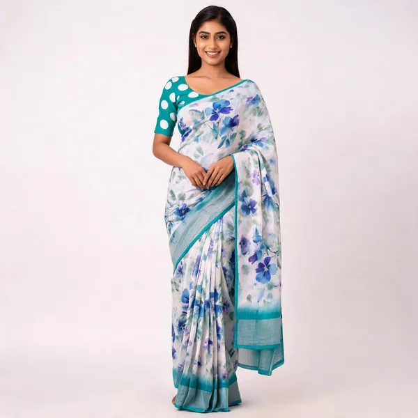 S4S_Linen_White_Blue_Flower_Digital_Print_Cotton_Saree