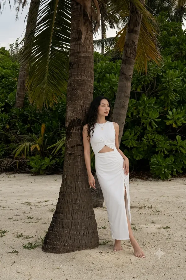 Stretchable_Knotted_Cutout_Ruched_Midi_Dress_white_