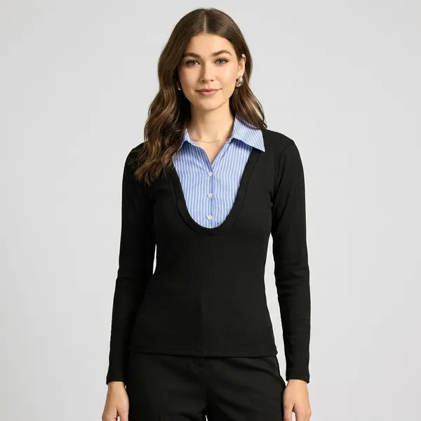 Contrast_Placket_Stretchable_Ribbed_Top