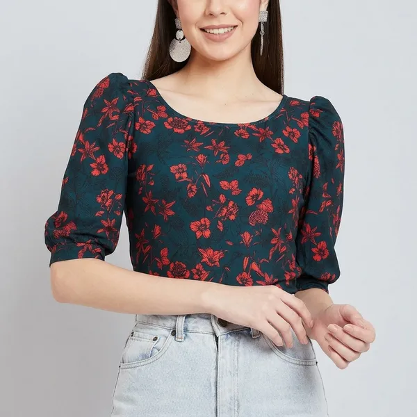 Cotton_Floral_Stretchable_Puff_Sleeve_Top
