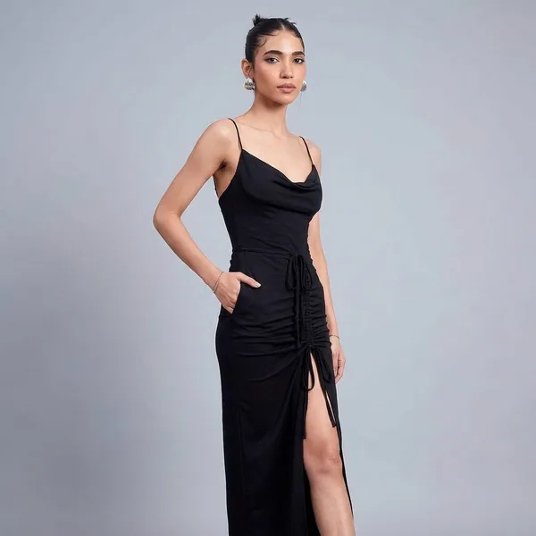 Stretchable_Cowl_Neck_Drawstring_Dress