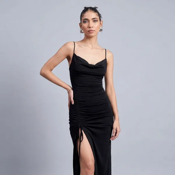 Stretchable_Cowl_Neck_Drawstring_Dress