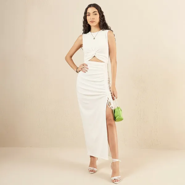 Stretchable_Knotted_Cutout_Ruched_Midi_Dress