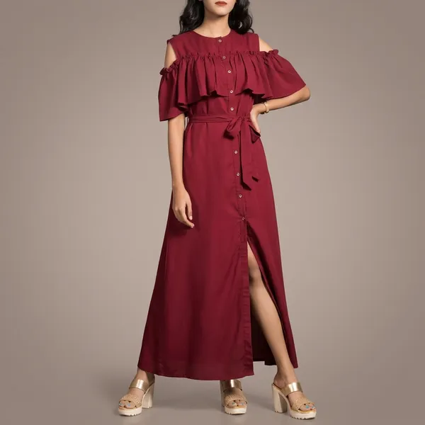 Ruffled_Buttoned_Cold_Shoulder_Maxi_Dress