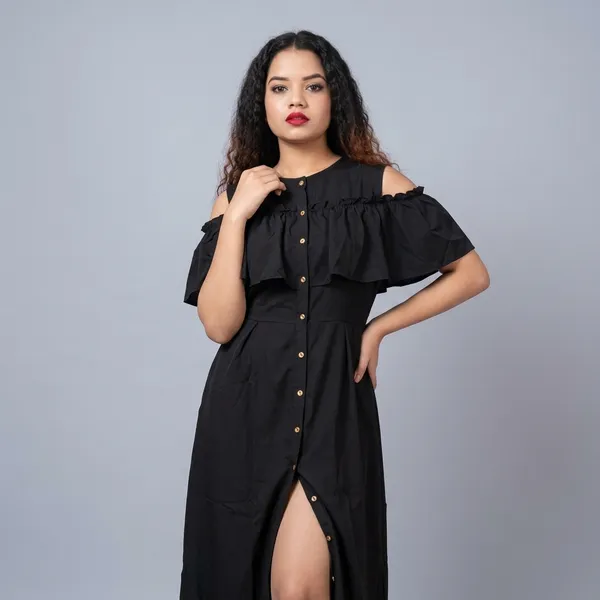 Ruffled_Buttoned_Cold_Shoulder_Maxi_Dress