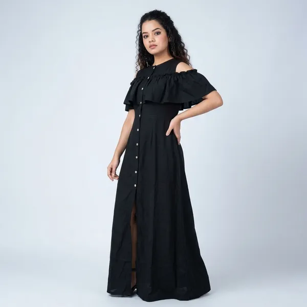 Ruffled_Buttoned_Cold_Shoulder_Maxi_Dress