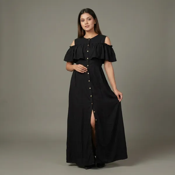 Ruffled_Buttoned_Cold_Shoulder_Maxi_Dress