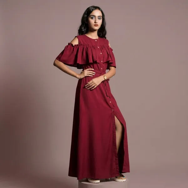 Ruffled_Buttoned_Cold_Shoulder_Maxi_Dress