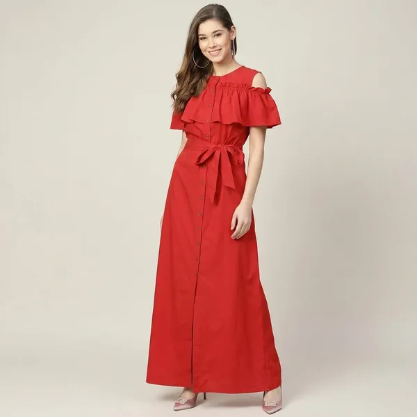 Ruffled_Buttoned_Cold_Shoulder_Maxi_Dress