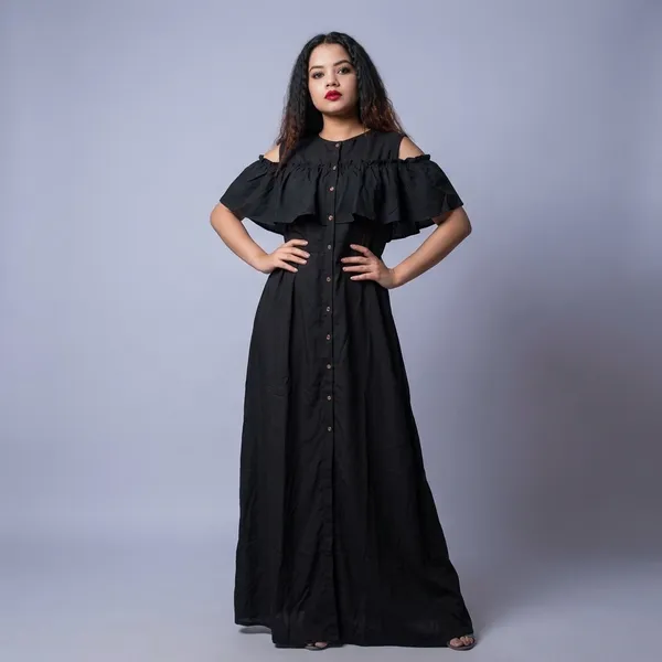 Ruffled_Buttoned_Cold_Shoulder_Maxi_Dress