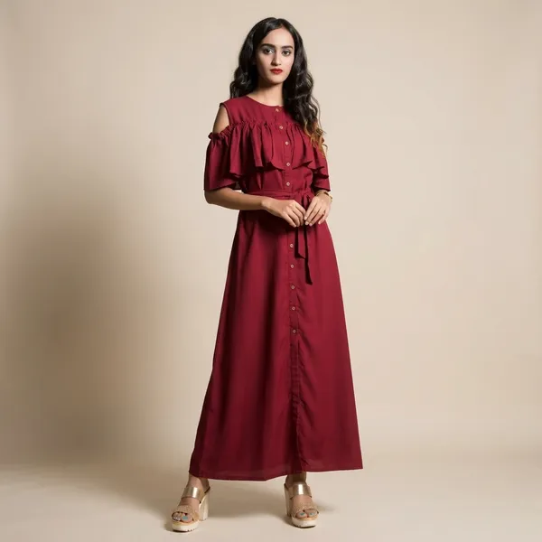Ruffled_Buttoned_Cold_Shoulder_Maxi_Dress