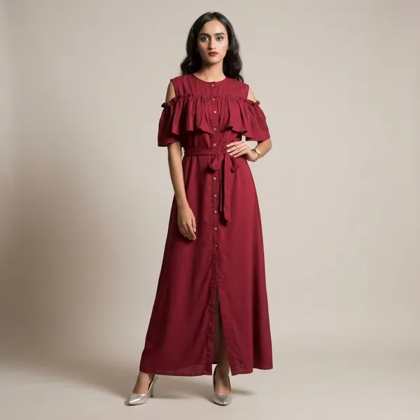 Ruffled_Buttoned_Cold_Shoulder_Maxi_Dress